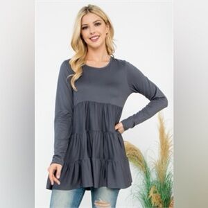 You & Me - Long Sleeve gray tiered peplum babydoll top